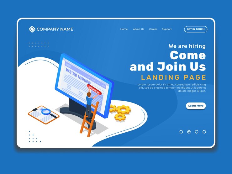 A contratação de modelo de ilustração de página de destino com pessoas isométricas coloca informações de recrutamento na página do site
