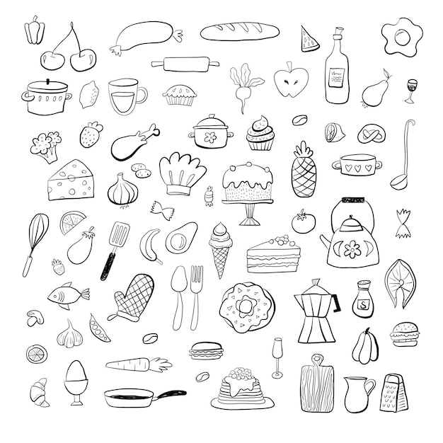 Vetor a cozinha de comida rabisca símbolos esboçados desenhados à mão