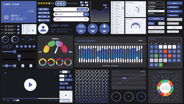 A dark set of interface elements for web and mobile applications with modern icons buttons and graphs ideal for business analytics finance and data management