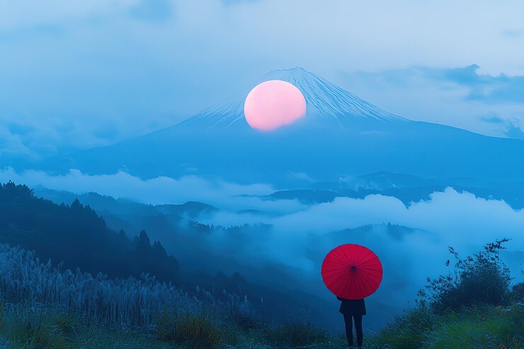 Vetor à distância há uma lua rosa enorme pendurada no céu sobre o monte fuji no estilo de s