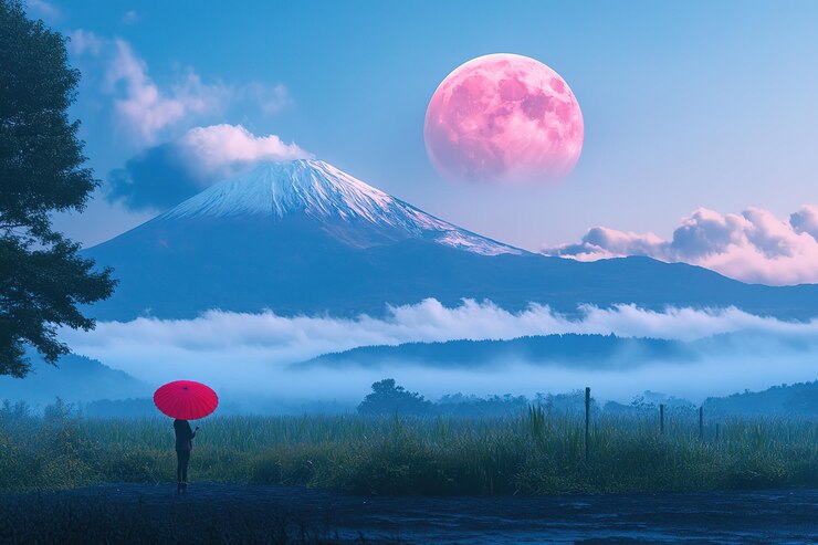 Vetor à distância há uma lua rosa enorme pendurada no céu sobre o monte fuji no estilo de s