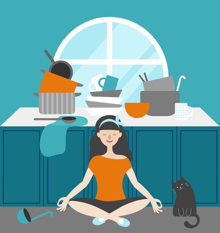 Vetor a dona de casa medita na cozinha perto da mesa com os pratos. sentado ao lado de um gato. na mesa pratos, potes, concha, colher, caneca, toalha. vetor plano