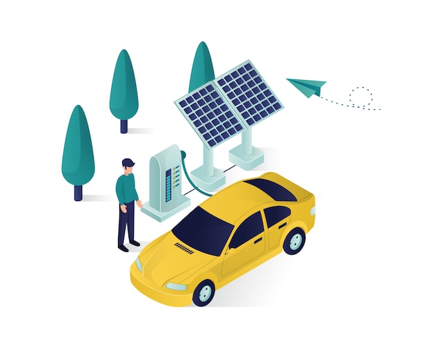 A energia do painel solar está carregando uma ilustração isométrica de potência do carro