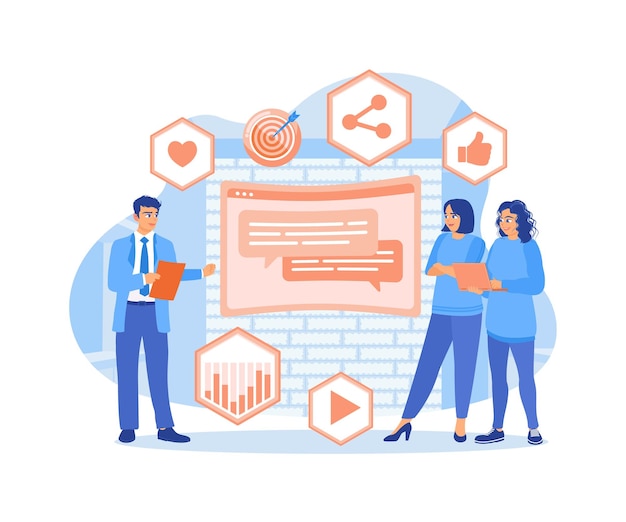 A equipe de marketing se reúne em uma sala de conferências Discuta ideias de negócios para aumentar os objetivos de marketing Conceito de marketing digital Ilustração vetorial plana