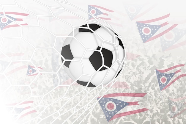 Vetor a equipe nacional de futebol de ohio marcou um gol. a bola na rede do gol, enquanto os torcedores de futebal estão agitando a bandeira de ohio ao fundo.