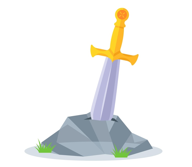 Vetor a espada é enfiada profundamente na pedra. o mito de artur. ilustração vetorial plana.