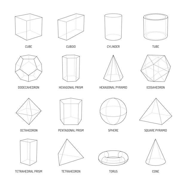 A estereometria básica molda o conjunto de linhas de cúbico octaedro piramidal prisma cubo cone cilindro toróide isolado