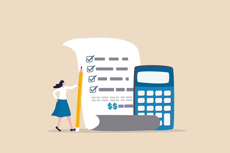 Vetor a estimativa de custo do projeto calcula o orçamento ou os recursos para concluir a fatura do plano financeiro do trabalho ou a despesa fiscal ou o conceito de empréstimo empresária com o custo da estimativa da calculadora do documento do projeto