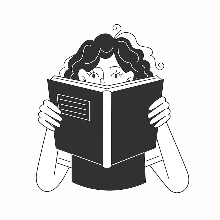 Vetor a estudante está lendo o livro com interesse em ilustrações em preto e branco