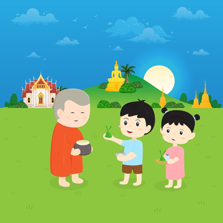Vetor a família está fazendo mérito dando esmolas aos monges desenho de ilustração de desenho animado