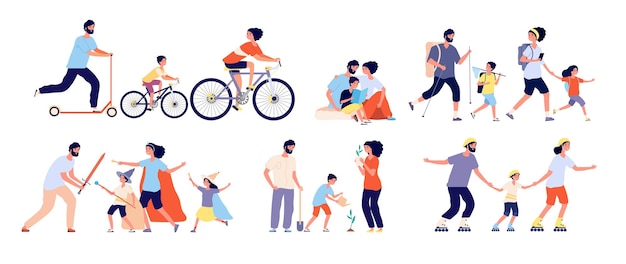 A família passa um tempo junta. Lazer feliz famílias amorosas. Livro de leitura, pintura e plantio de árvore, jogo de vetor de jogo de esportes Ilustração de família unida filha, filho e pais