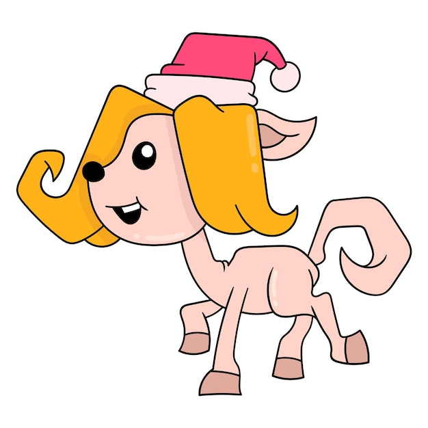 A fêmea de veado está usando um chapéu de natal ilustração vetorial arte doodle imagem ícone kawaii