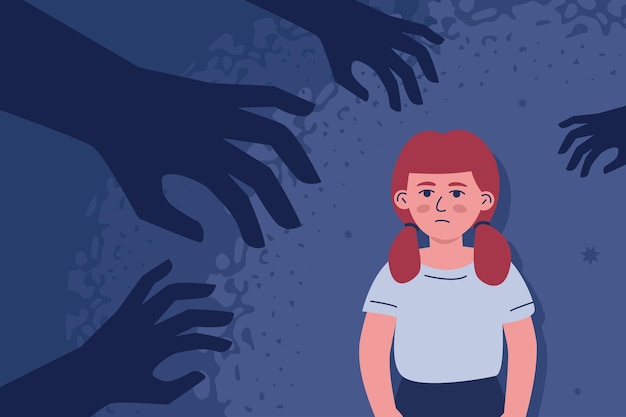 A figura de uma menina a quem as silhuetas de mãos são desenhadas uma metáfora para a fobia de abuso