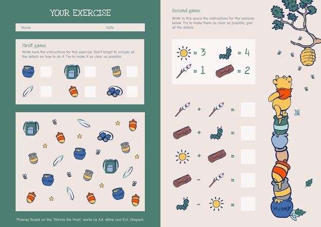 Vetor a folha de trabalho de matemática de winnie the pooh