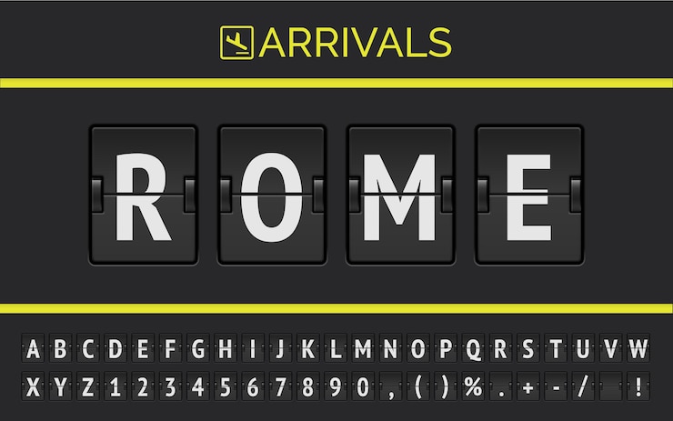 Vetor a fonte flipboard do aeroporto mecânico exibe as informações do voo de destino na europa: roma com o sinal de chegada do horário.