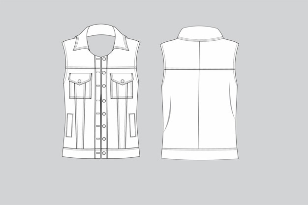 A frente e a parte de trás de um colete jeans colete de ilustração técnica de moda vetor de colete