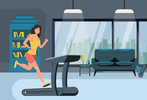 A garota corre em uma esteira em casa. Conceito de aptidão. Ilustração vetorial em estilo moderno