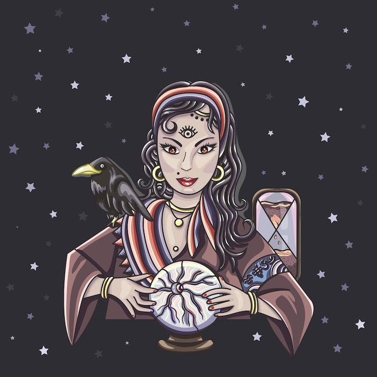 Vetor a garota do oráculo prevê o futuro em uma bola mágica ilustração vetorial de signos do zodíaco