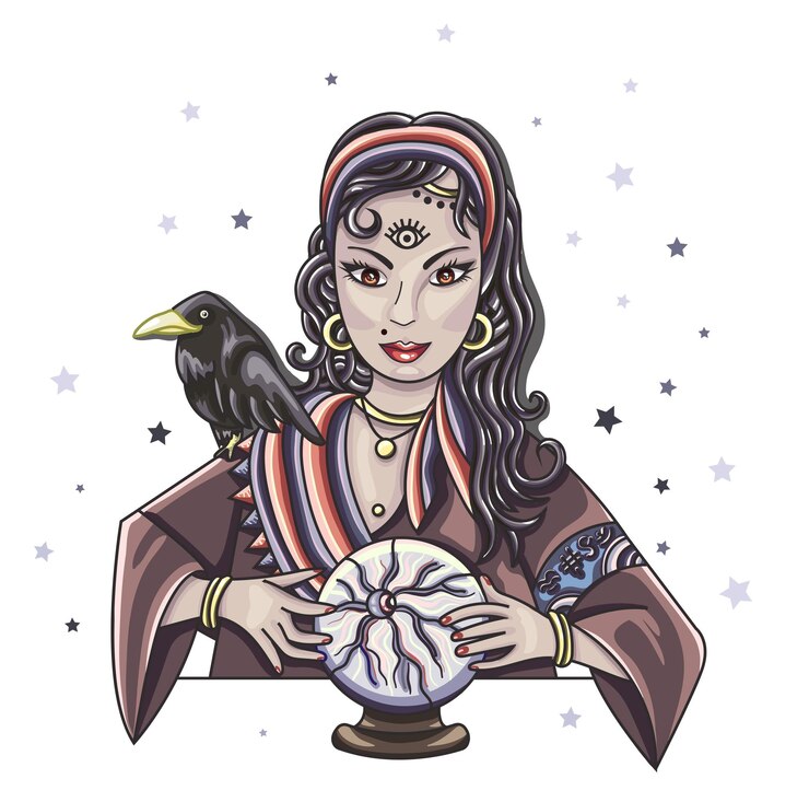 Vetor a garota do oráculo prevê o futuro em uma bola mágica ilustração vetorial de signos do zodíaco
