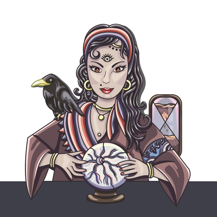 Vetor a garota do oráculo prevê o futuro em uma bola mágica ilustração vetorial de signos do zodíaco