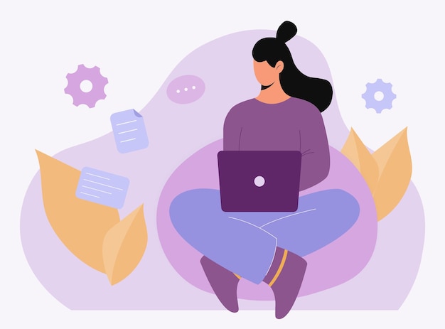 A garota está trabalhando em um laptop Freelancer O conceito de vetor de trabalho