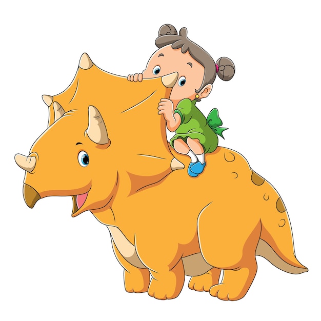 Vetor a garota feliz está sentada no triceratops de dinossauro da ilustração