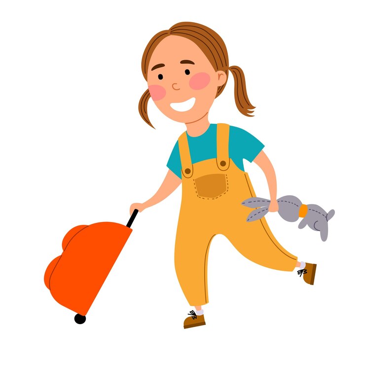 Vetor a garota fez uma viagem com uma mala uma criança fofa corre para o voo com um coelho na mão