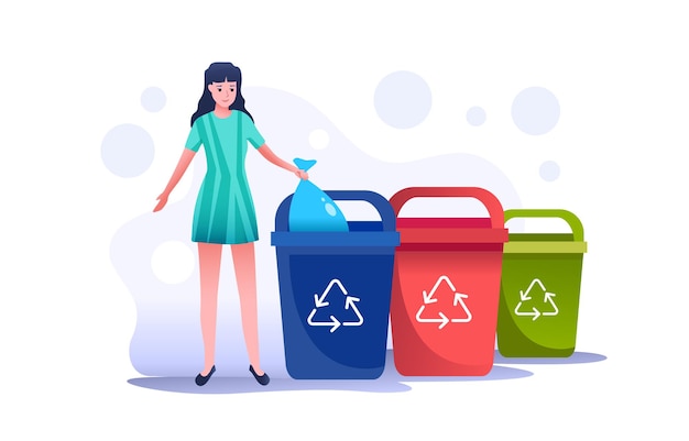 A garota joga um saco de lixo no recipiente certo. Pode ser recolorido em qualquer padrão. Comportamento correto de triagem e coleta de resíduos de diferentes tipos de lixo.