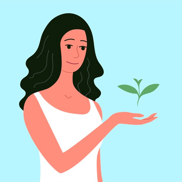 A garota tem um broto verde em suas mãos Temporada de primavera Ilustração vetorial plana