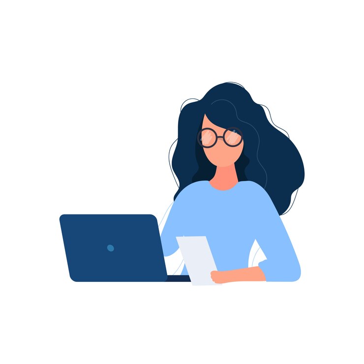 A garota trabalha em um laptop. Estilo simples. Bom para trabalhos de imagem, escritório, contratação de pessoal. ilustração.