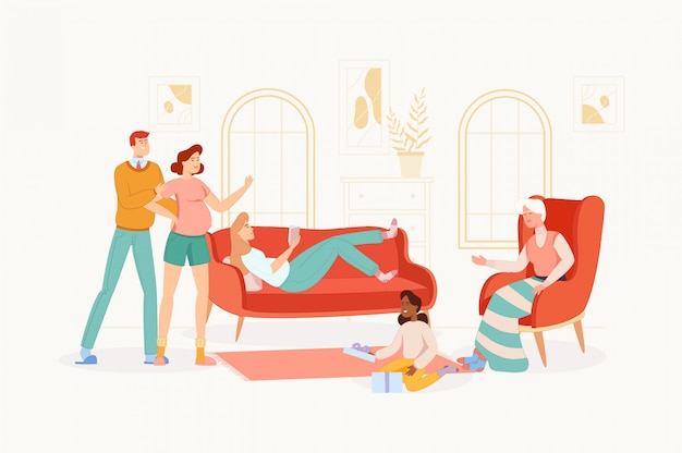 A grande família passa tempo juntos em casa.