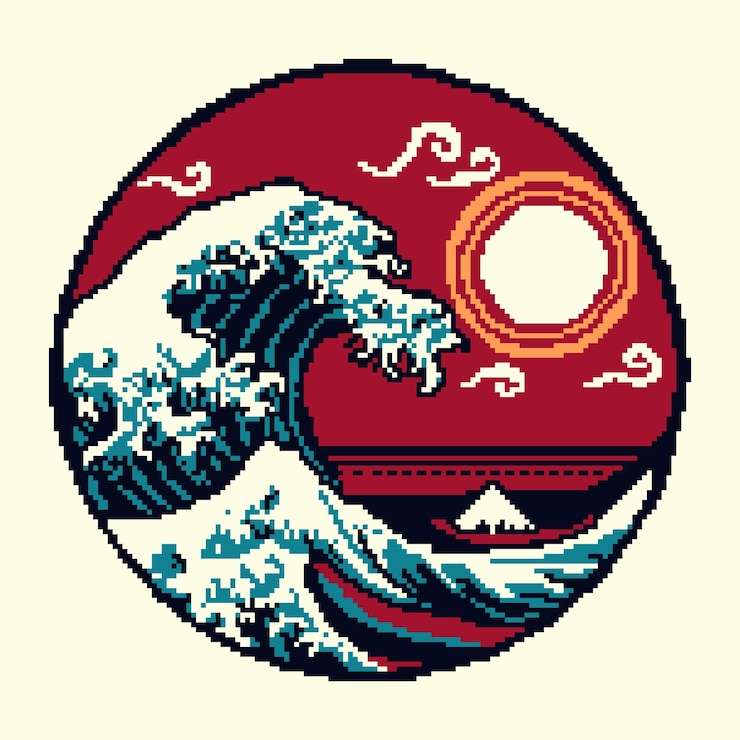 Vetor a grande onda pixelada com o vetor de ilustração do pôr-do-sol