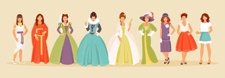 Vetor a história da evolução da moda feminina desde os tempos antigos até o presente. ilustração vetorial