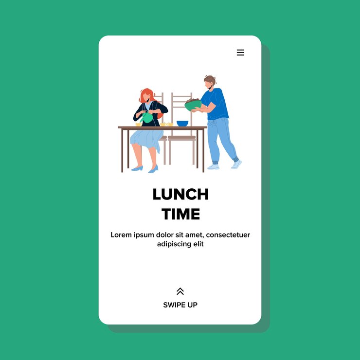 Vetor a hora do almoço tem pessoas no vetor de mesa do restaurante. homem e mulher comendo comida deliciosa e bebendo bebida quente na hora do almoço. personagens descansando no café juntos ilustração web plana dos desenhos animados