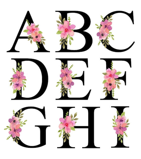 A - i letras do alfabeto desenho aquarela rosa roxo florals bouquet