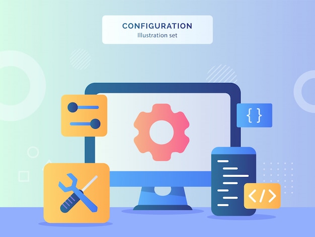 A ilustração da configuração define a engrenagem no monitor do computador nas proximidades da chave de fenda, definindo o programa de linguagem de codificação com estilo simples.