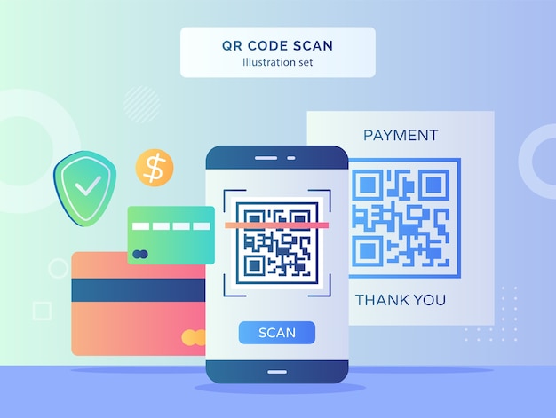 A ilustração da digitalização do código qr define o código qr no plano de fundo da tela do smartphone do cartão bancário escudo dólar com design de estilo simples