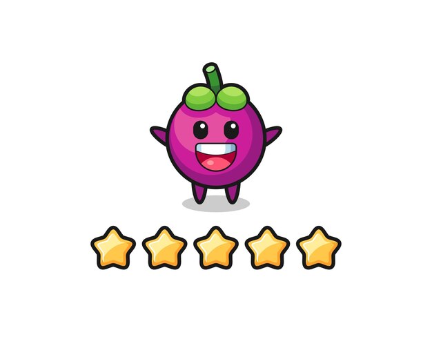 A ilustração da melhor avaliação do cliente, personagem fofo do mangostão com 5 estrelas, design de estilo fofo para camiseta, adesivo, elemento de logotipo