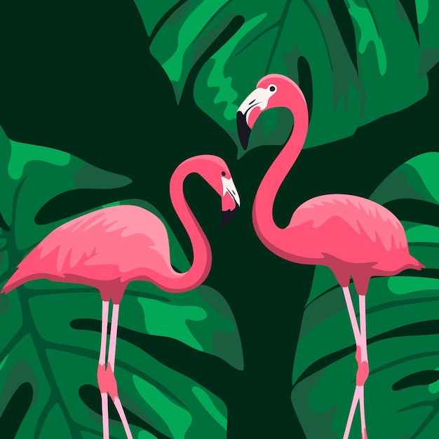 Vetor a ilustração de dois flamingos no fundo do monstera deixa o clima romântico flamingos na selva