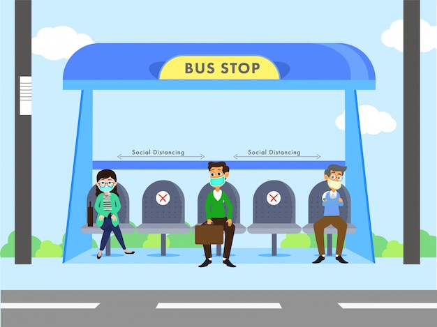 A ilustração de pessoas usa máscara facial no ponto de ônibus com mantém o distanciamento social para impedir o coronavírus (covid-19).