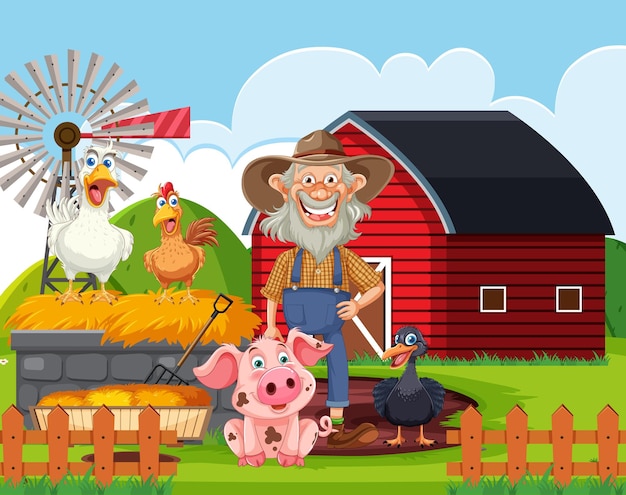 A Ilustração do Agricultor Feliz e dos Animais de Fazenda