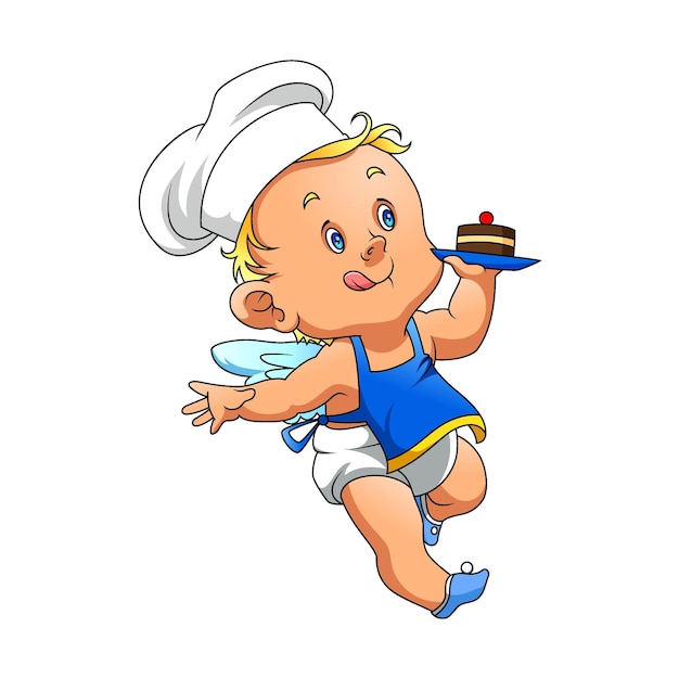 Vetor a ilustração do bebê em ângulo com o chapéu de chef e segurando um pequeno bolo com a cereja