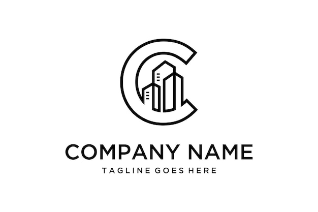 A ilustração do logotipo imobiliário na letra inicial C cria um design de logotipo moderno e limpo