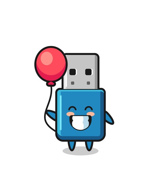 A ilustração do mascote do flash drive usb está jogando um balão, design de estilo fofo para camiseta, adesivo, elemento de logotipo