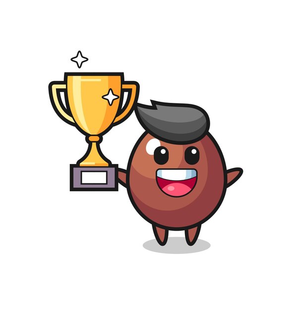 A ilustração dos desenhos animados do ovo de chocolate está feliz segurando o troféu de ouro, design fofo