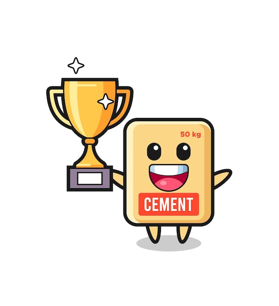 A ilustração dos desenhos animados do saco de cimento está feliz segurando o design bonito do troféu de ouro