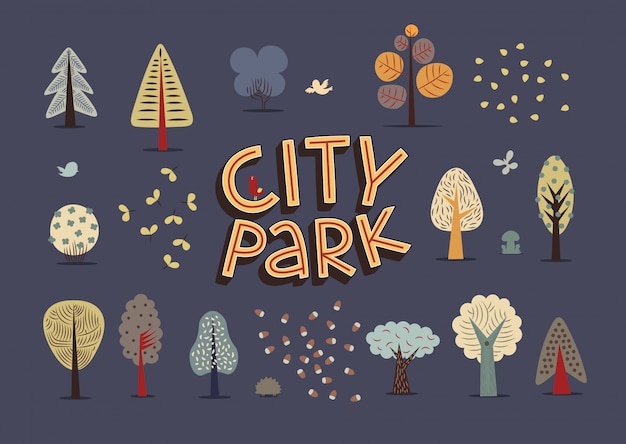 A ilustração vetorial de elementos do parque da cidade plana