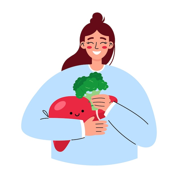A jovem alimenta o fígado com vegetais. Ame o mês de conscientização sobre o fígado.