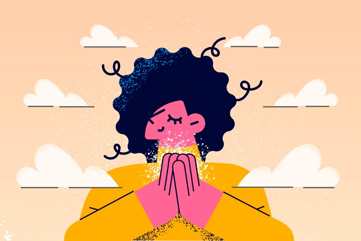 A jovem calma com as mãos em oração sente-se grata e grata. Garota relaxada faz gesto de palma religiosa educado mostrar respeito e gratidão. Fé e superstição. Ilustração em vetor plana.