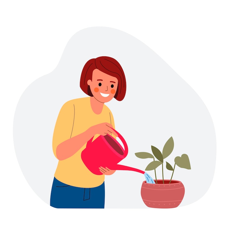 Vetor a jovem está regando as plantas da casa ilustração em vetor plana